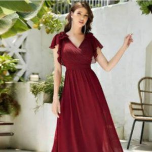 Evening Dress/Bridesmaid Dress - Chiffon, Maroon, Floor-Length, Ruffle Sleeve